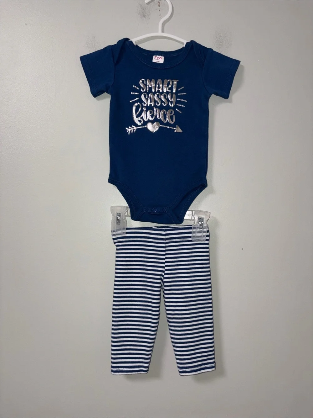 Soft Bebe & Rare Editions Navy White Smart Sassy Fierce 3-6M Body Suit Pant Set